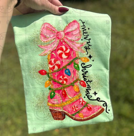Merry Christmas brushstroke cowgirl boot no glitter background  -DTF&UV