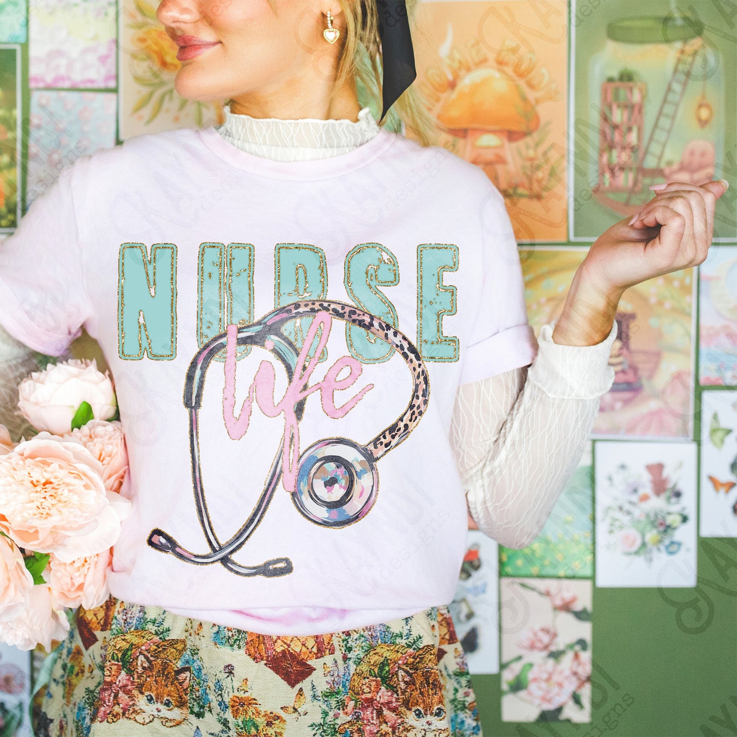 Nurse Life stethoscope faux glitter outline-DTF&UV
