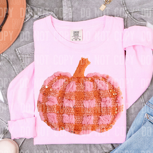 PINK AND ORANGE PLAID PUMPKIN FAUX YARN -DTF&UV