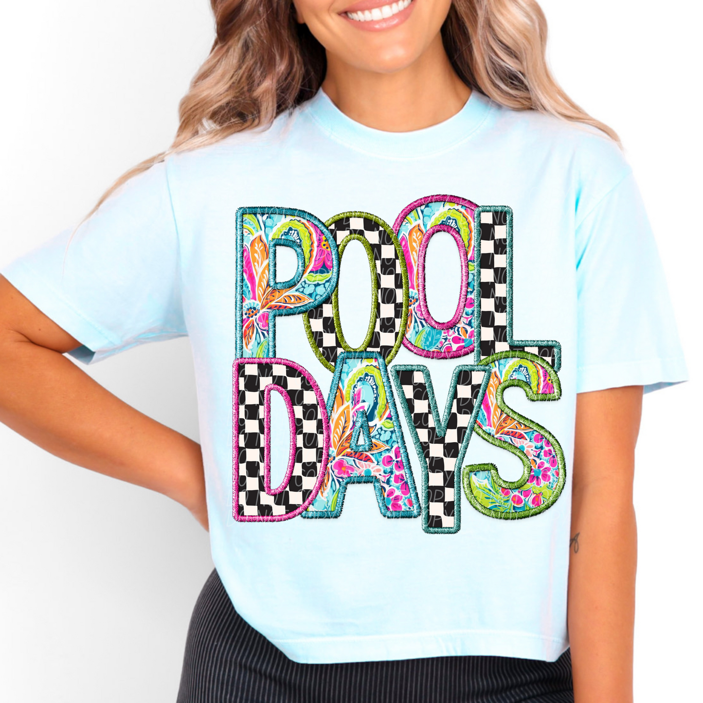 POOL DAYS faux embroidery floral checkered-DTF