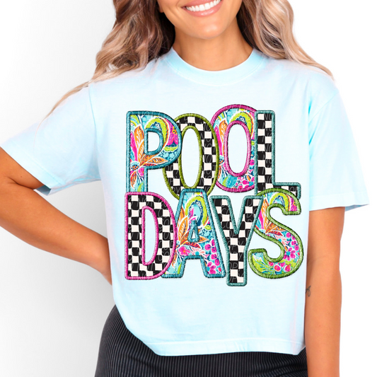 POOL DAYS faux embroidery floral checkered-DTF