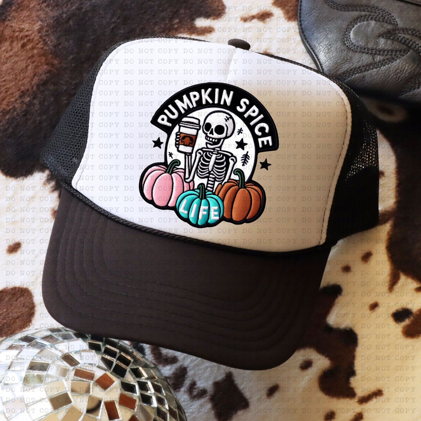 Pumpkin Spice Life Skellie 2 Trucker Faux Hat Patch - DTF