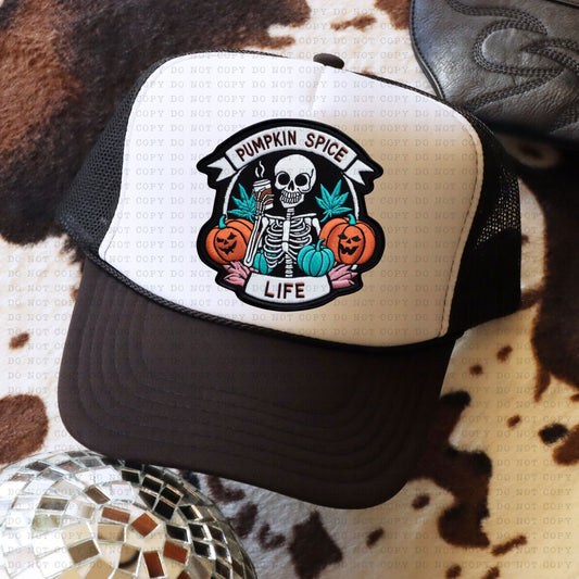 Pumpkin Spice Life Skellie Trucker Faux Hat Patch - DTF