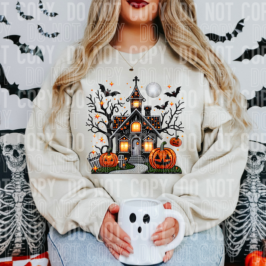 Faux RHINESTONE Haunted House-DTF