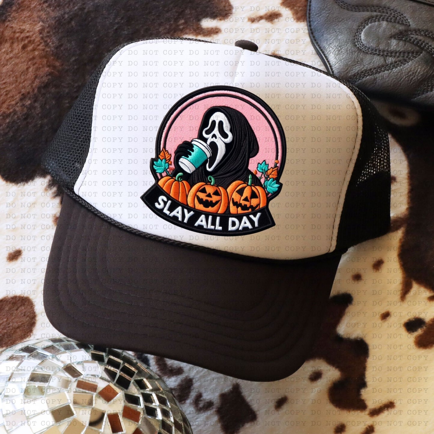 Slay All Day Ghost Trucker Faux Hat Patch - DTF