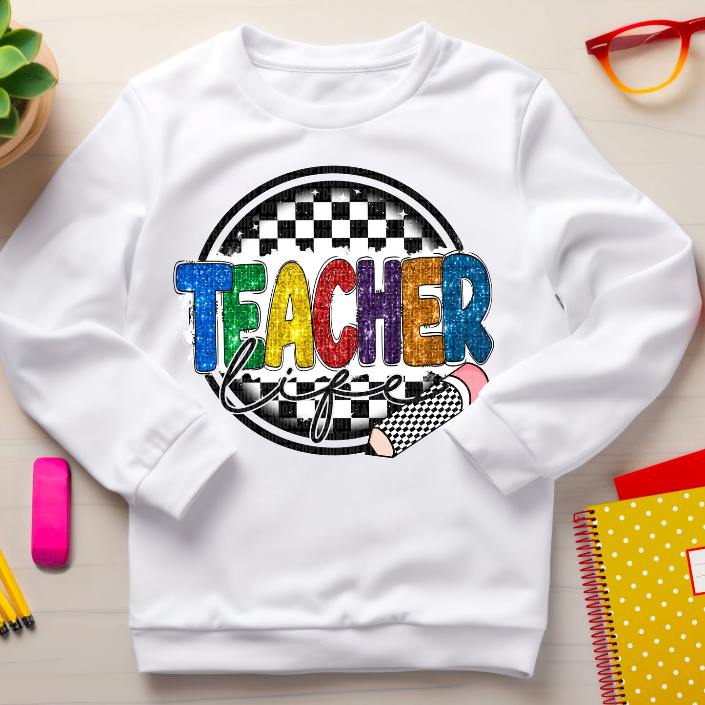 Teacher life blk wht multi-DTF