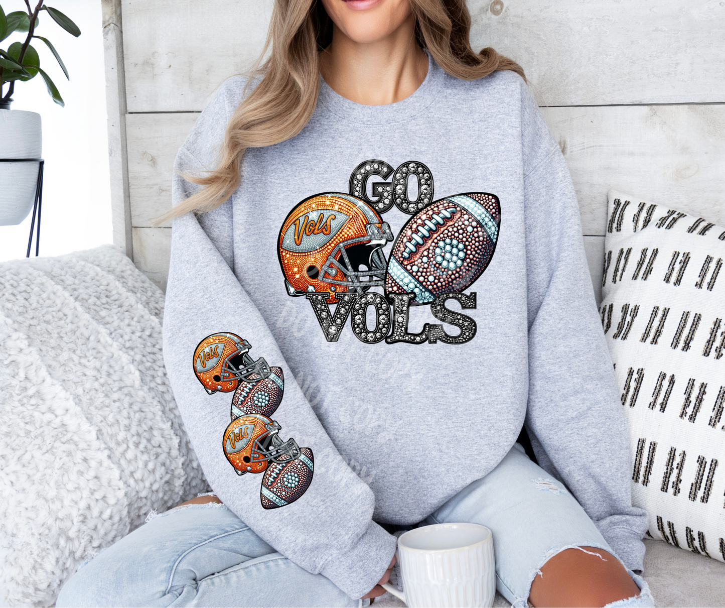 Go Vols2 faux sequin  (FRONT OF SHIRT 11" & Vols helmet football faux sequin-SLEEVE COMBO 6")-DTF