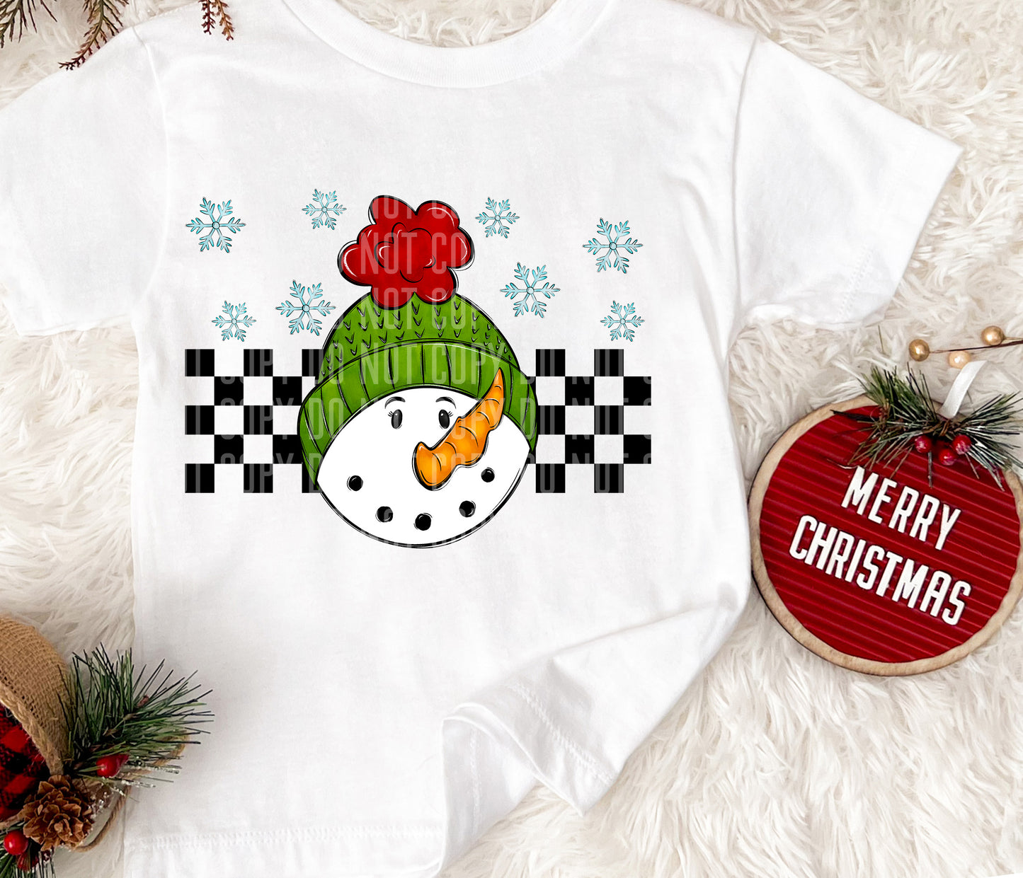 Checkered Snowman 2 green hat-DTF