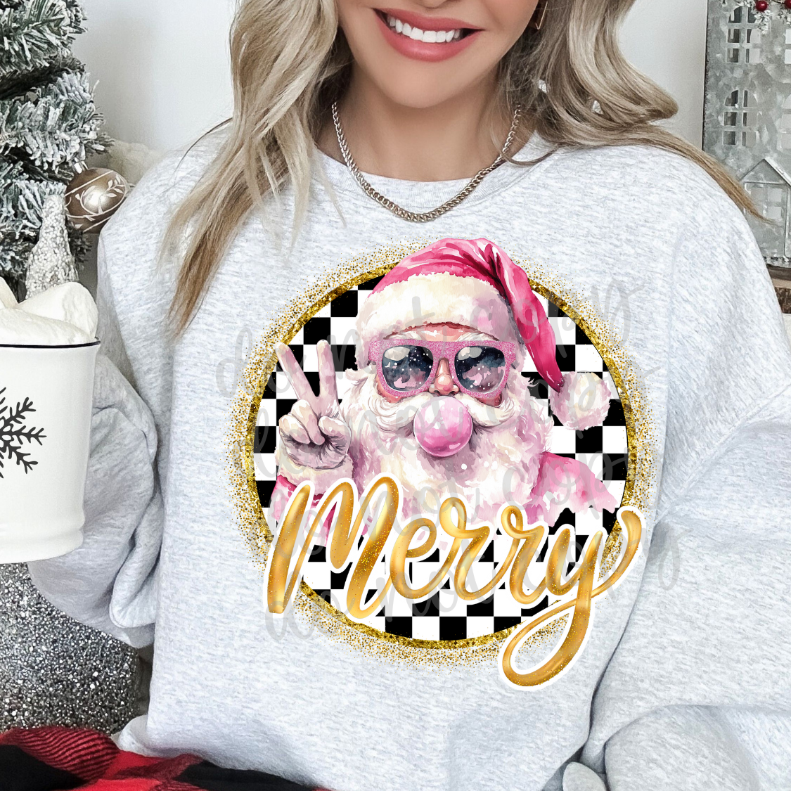 Pink Santa Gold Merry Checkered Circle-DTF