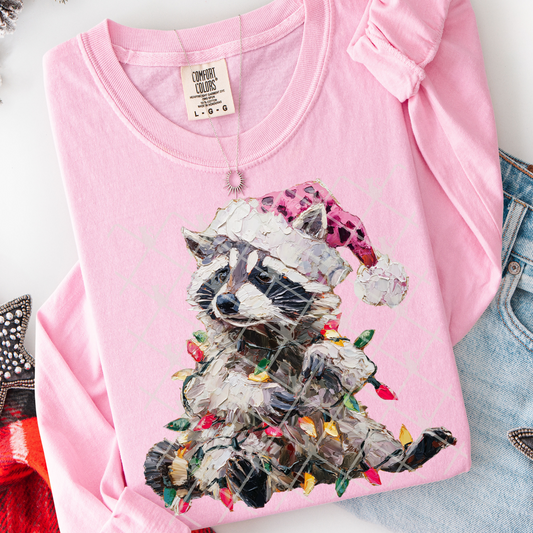 hand painted christmas feral raccoon -DTF&UV