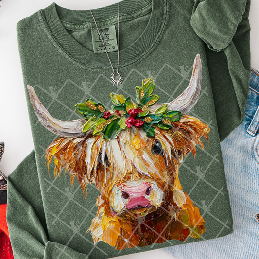hand painted christmas highland cow -DTF&UV