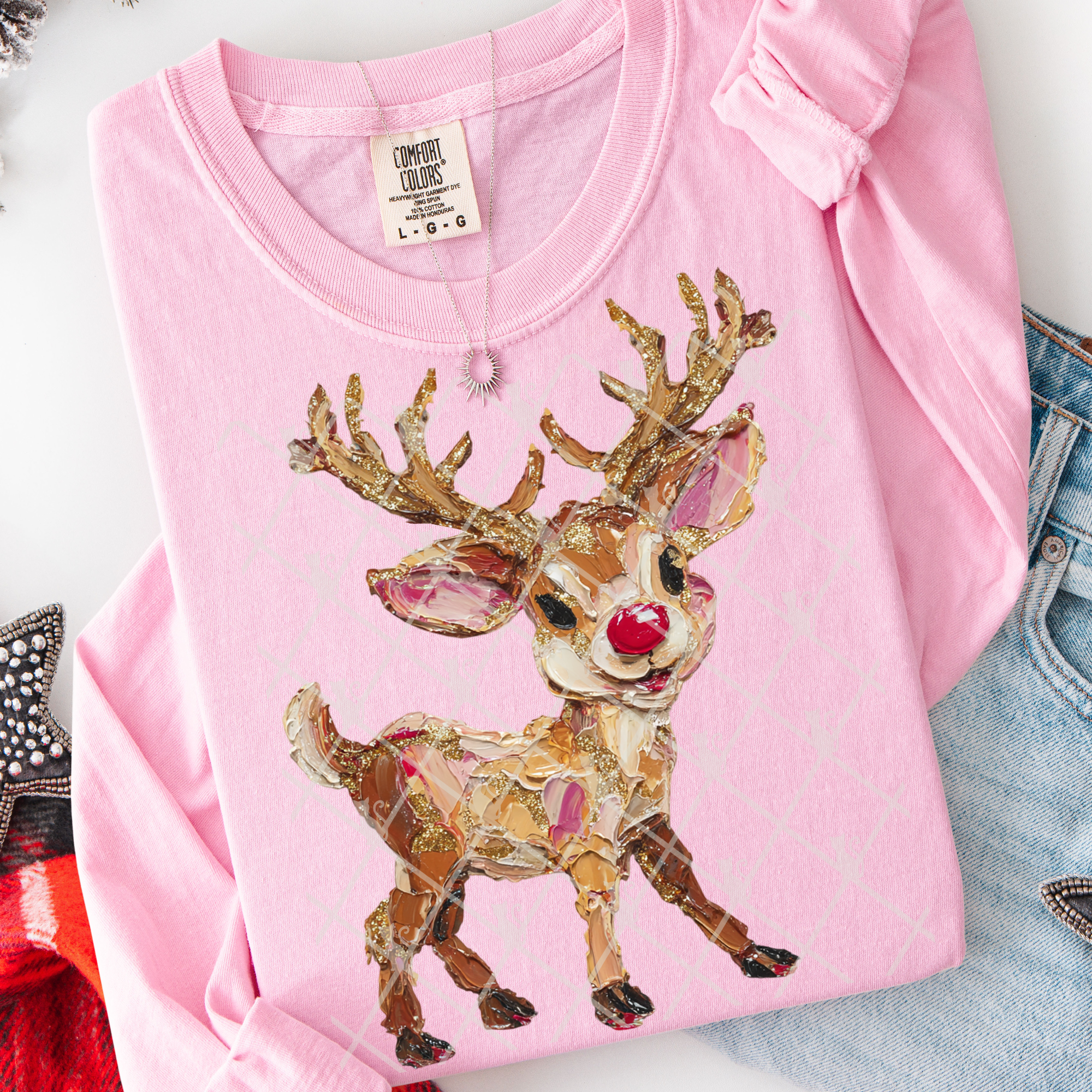 hand painted red nose reindeer -DTF&UV – ABIDesignstore