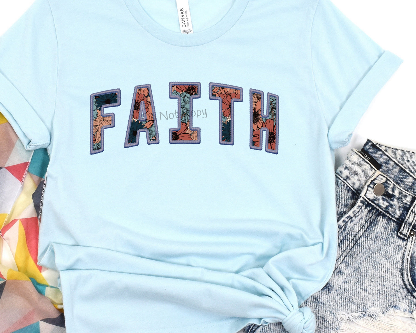 Faith blue floral faux embroidery-DTF