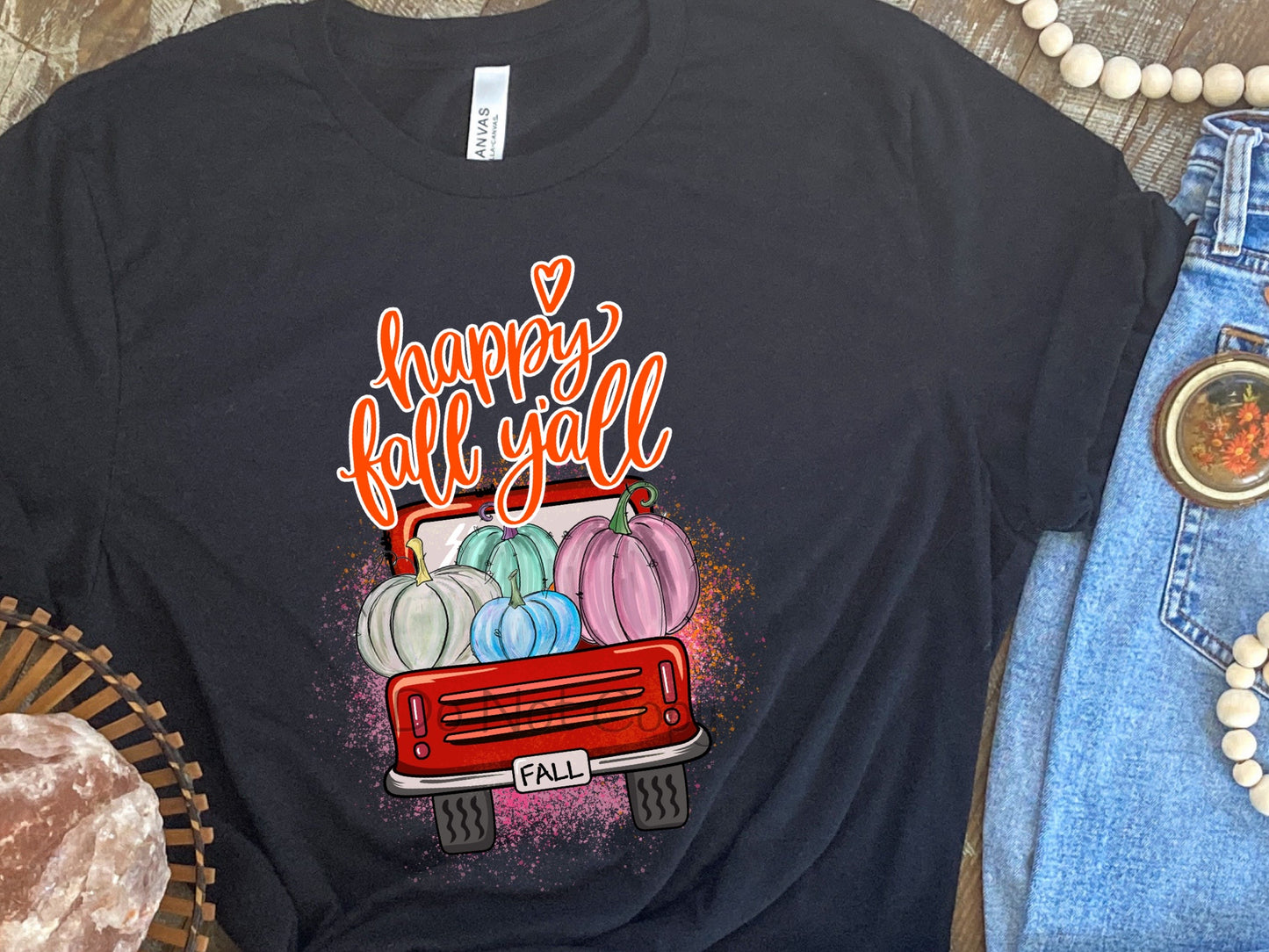 Happy fall y’all words above truck fall on license-DTF