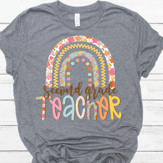 Second grade teacher floral rainbow-DTF