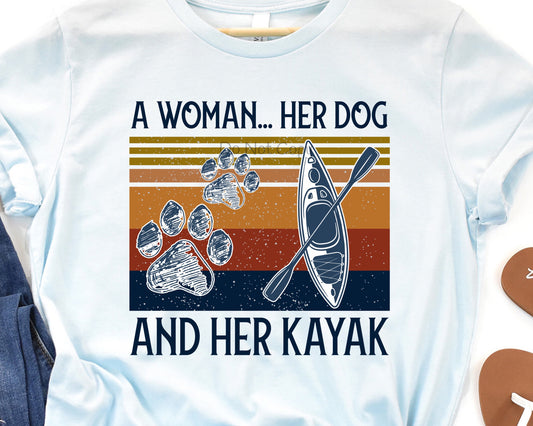 A woman her dog and her kayak-DTF