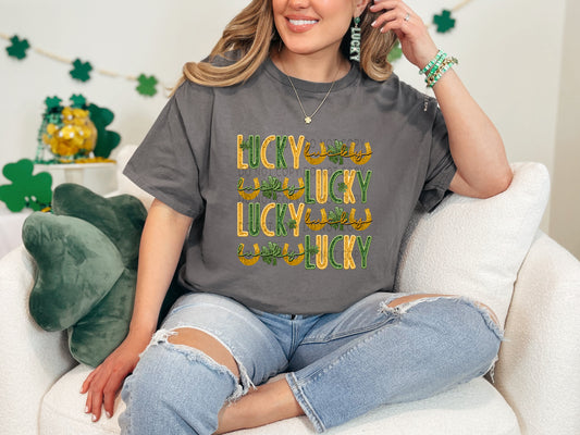 Lucky Stacked Gold And Green Faux Embroidery Sequin - DTF