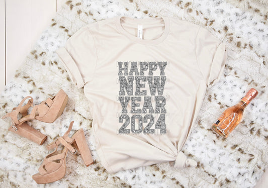 Happy New Year 2024 Faux Embroidery Sequin Silver - DTF