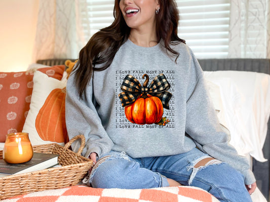 I Love Fall Most Of All Small Pumpkin With Orange Plaid Bow - DTF