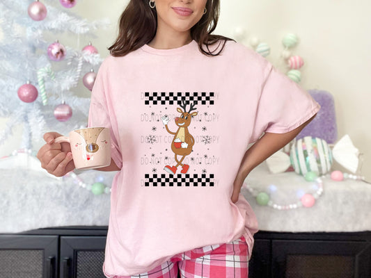 Reindeer Drinking Hot Cocoa Retro Checkered Christmas - DTF