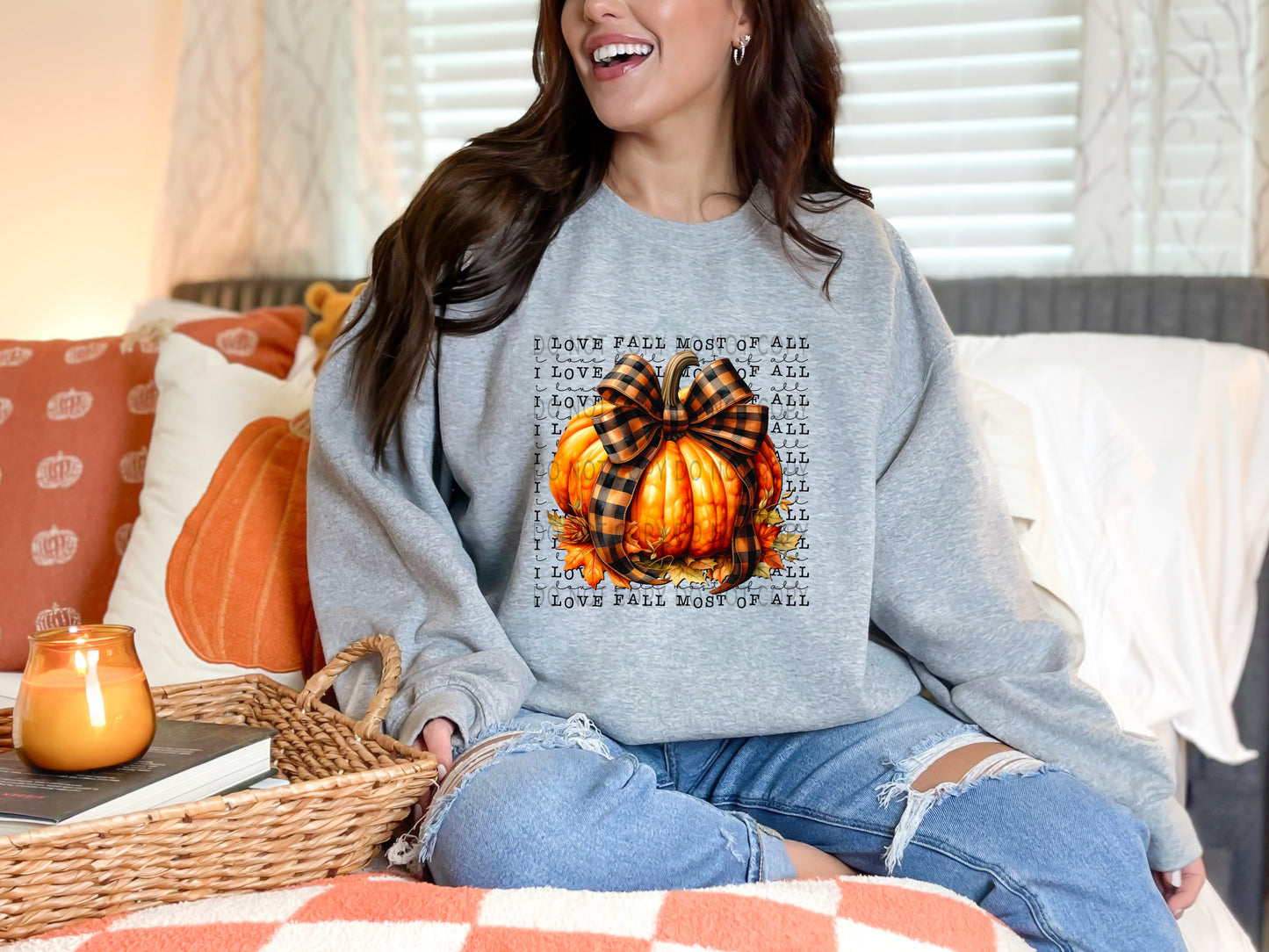 I Love Fall Most Of All Pumpkin With Orange Plaid Bow - DTF