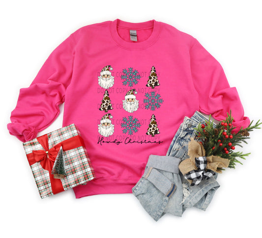 Howdy Christmas Cow Print Santa And Christmas Trees - DTF