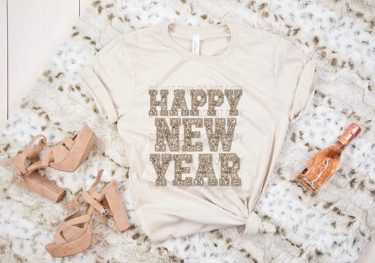Happy New Year Faux Embroidery Sequin Gold - DTF