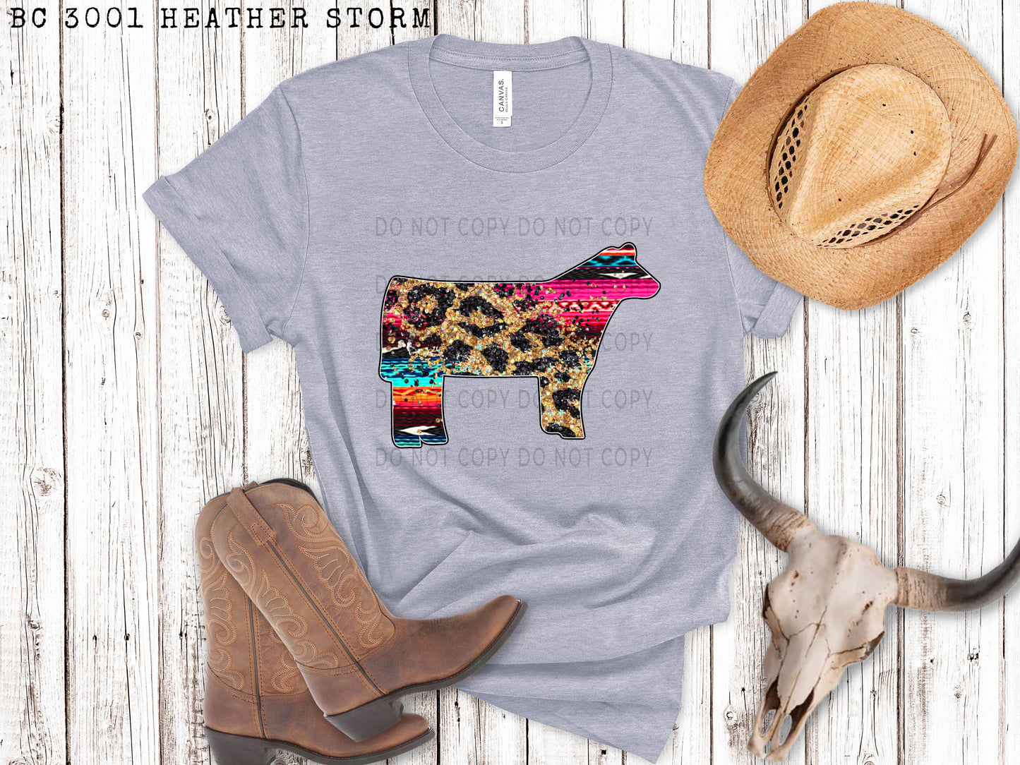 Faux Sequin Leopard And Serape Cow Facing Right - DTF