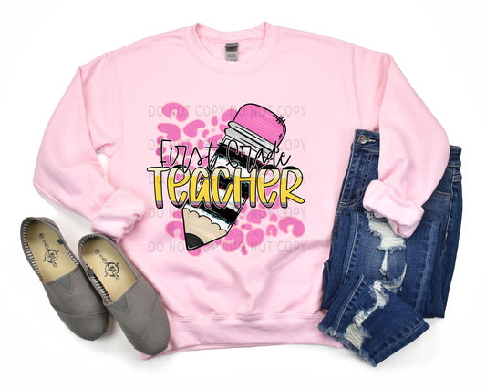 First Grade Teacher Pencil With Leopard Background -DTF