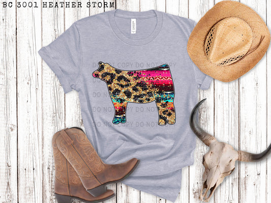 Faux Sequin Leopard And Serape Cow Facing Left - DTF