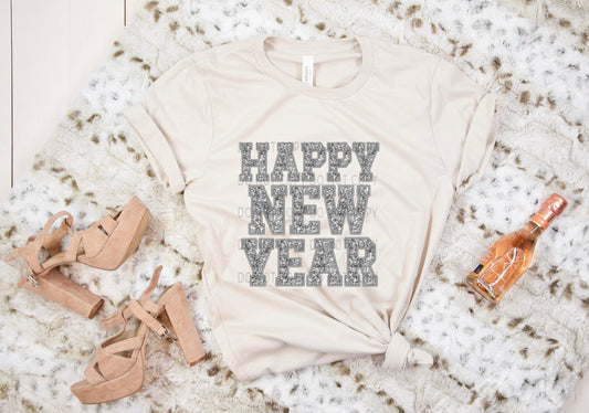 Happy New Year Faux Embroidery Sequin Silver - DTF