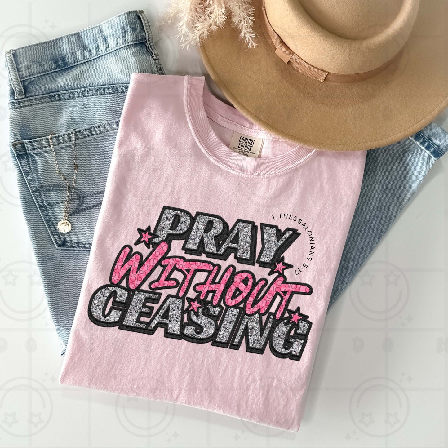 pray without ceasing pink checks-dtf