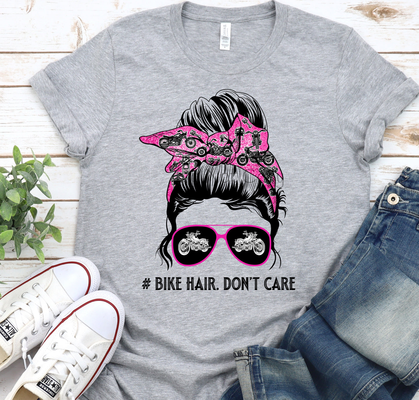 Messy bun biker hair don’t care pink-DTF