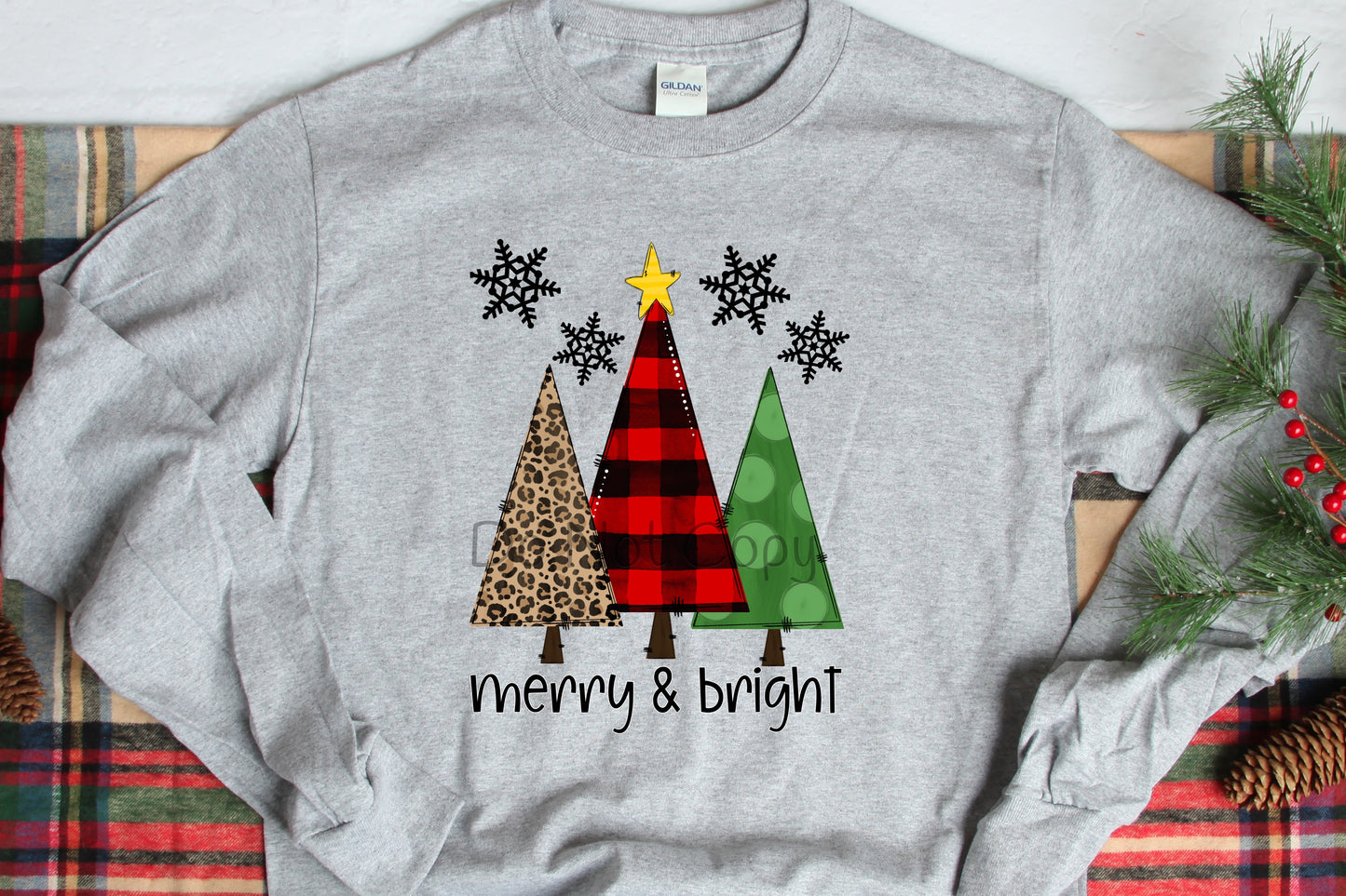 Merry & bright leopard plaid green trees-DTF