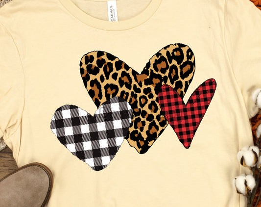 Three hearts leopard buffalo plaid black and white-Screen Print