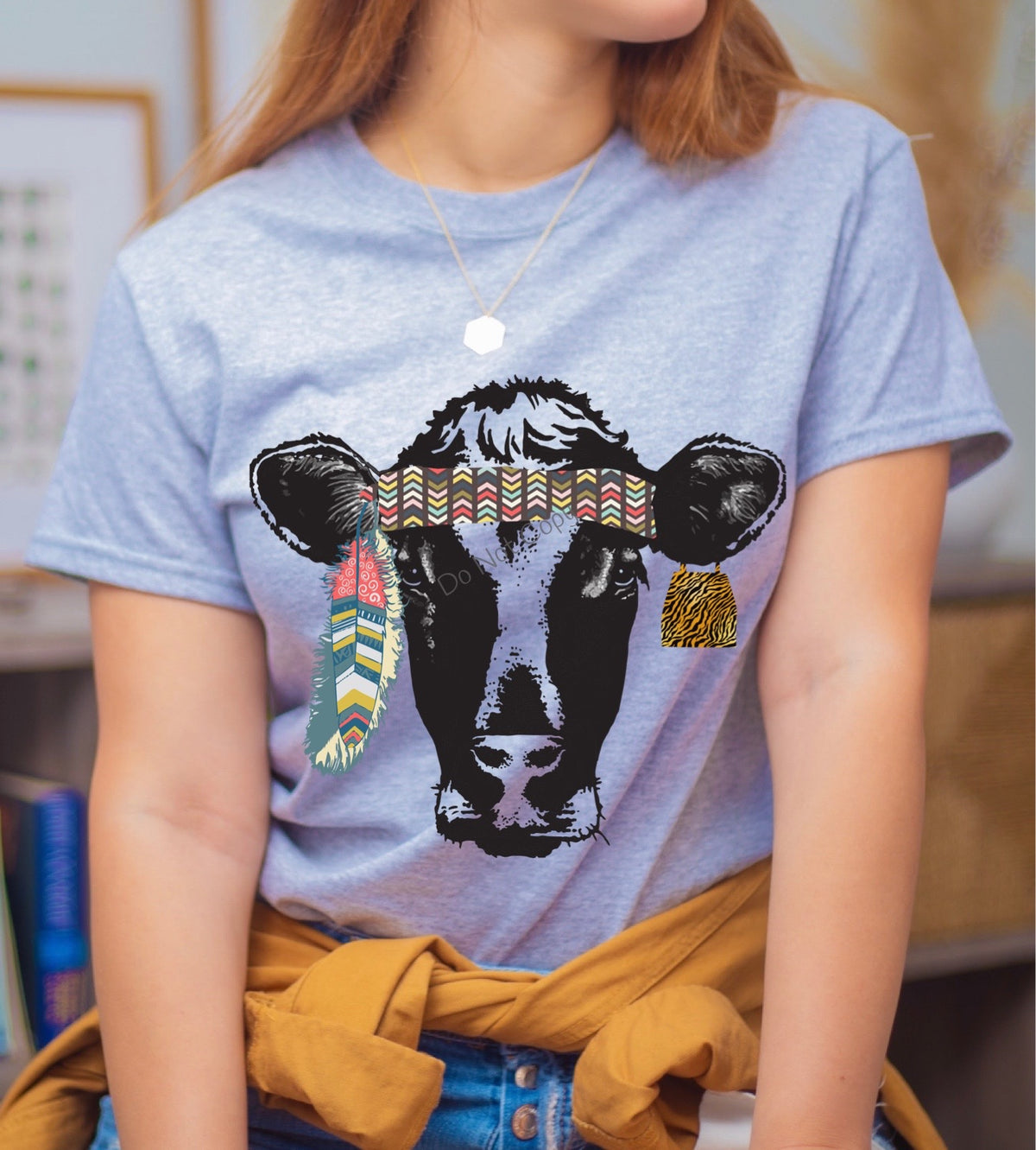Cow headband with feather and ear tag- DTF