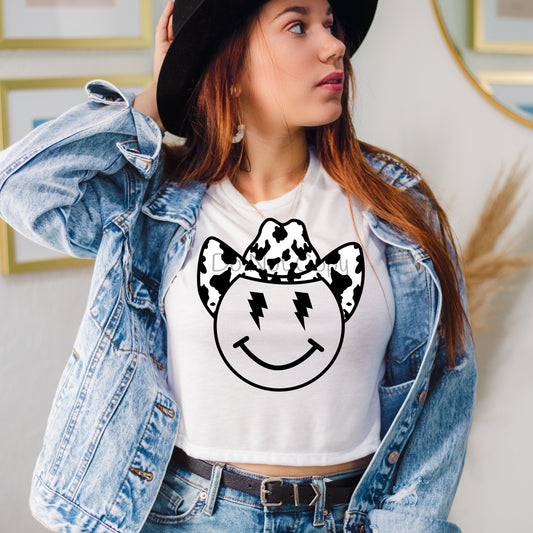 Smiley face cow print cowboy hat-DTF