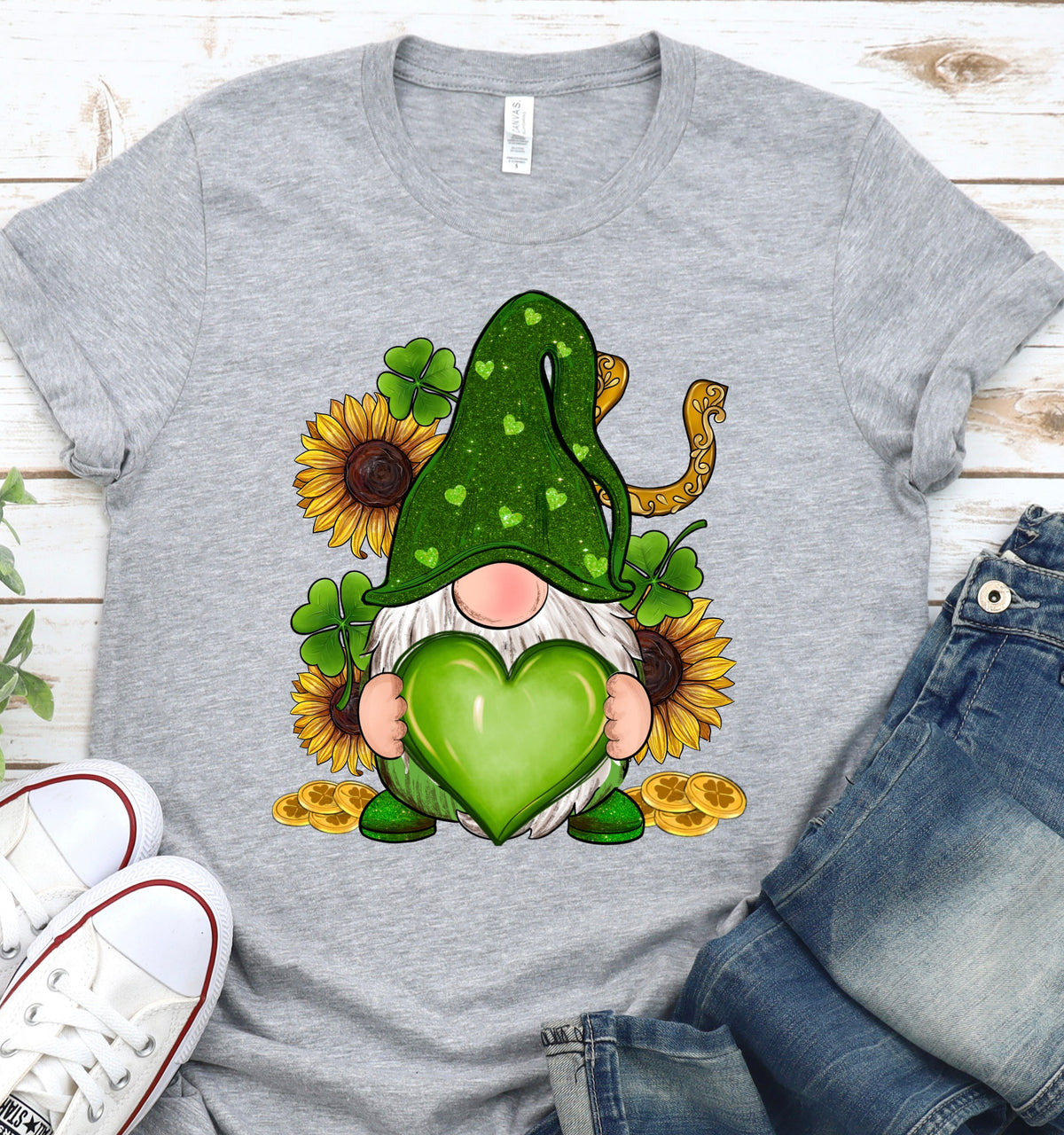 Gnome sunflowers holding green heart -DTF
