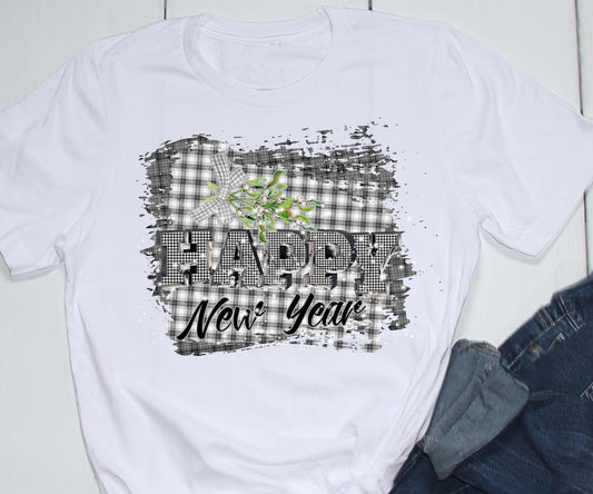 Happy new year black white plaid-DTF