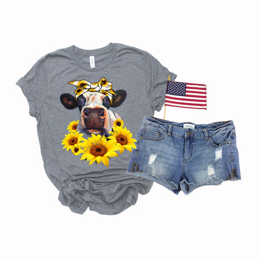 Cow with sunflower bandana and sunflowers on chest-DTF