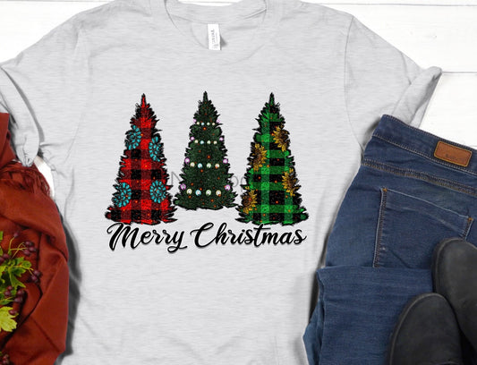 Merry Christmas Red plaid green plaid trees-DTF