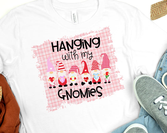 Hanging with gnomes pink and white check background-DTF