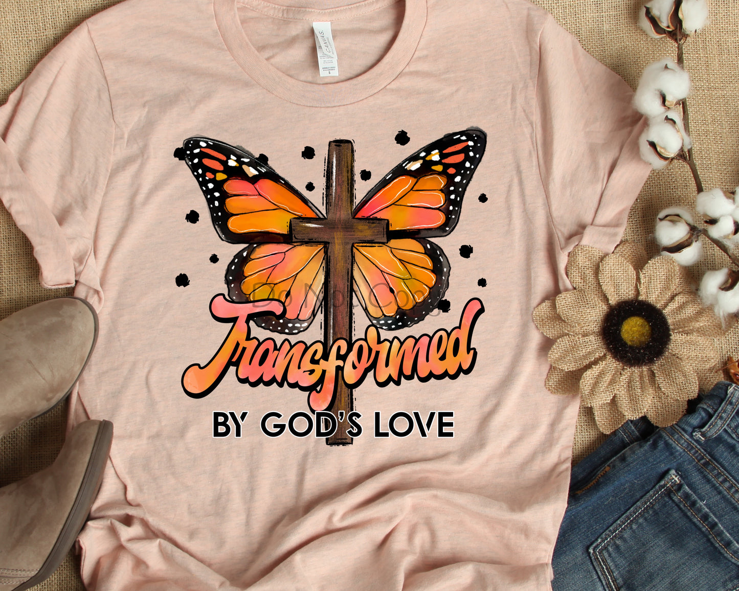 Transformed by God’s love butterfly cross-DTF