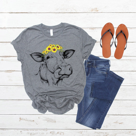 Cow outline with sunflowers on head -DTF