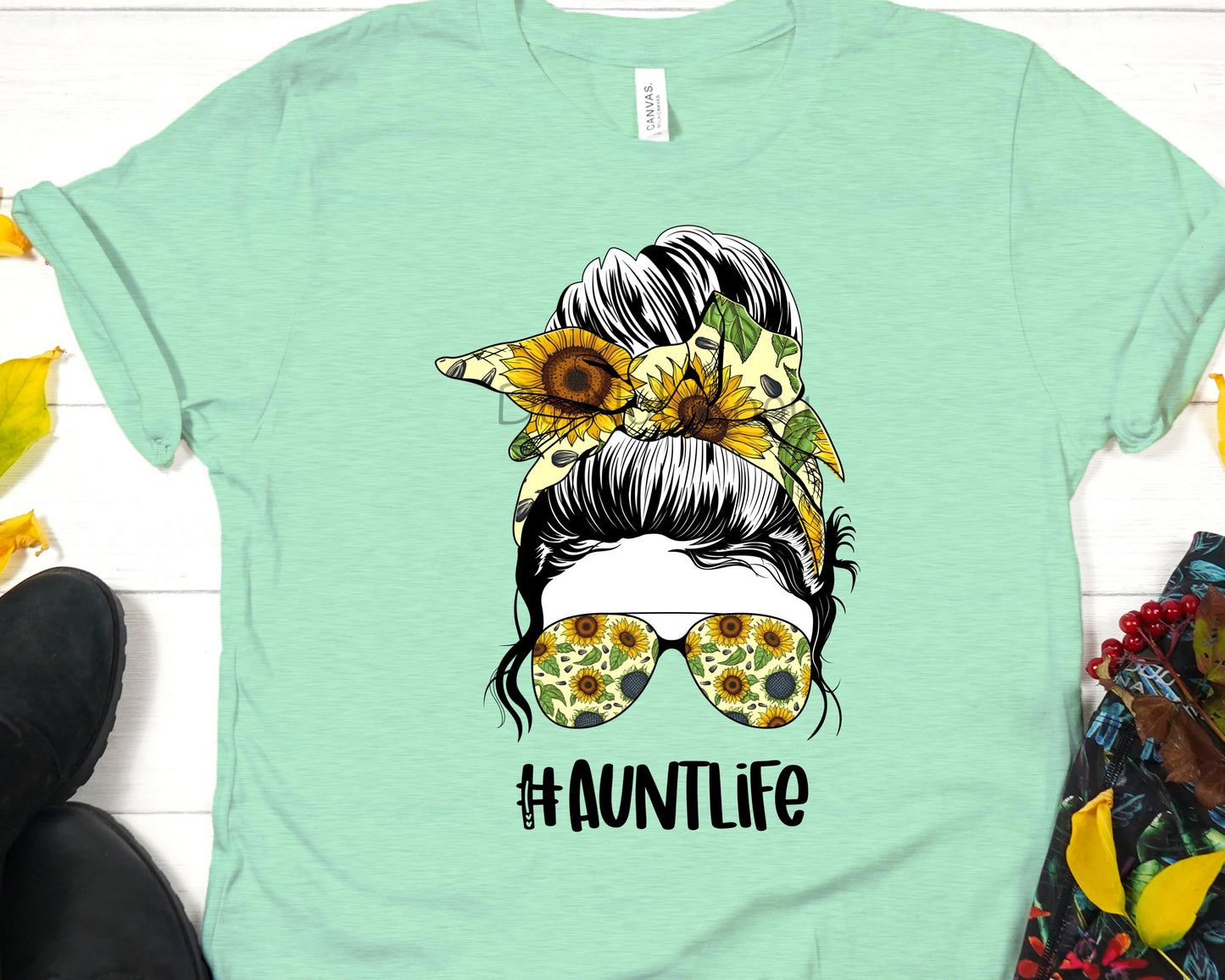 Messy bun aunt life sunflowers-DTF