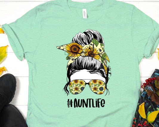 Messy bun aunt life sunflowers-DTF