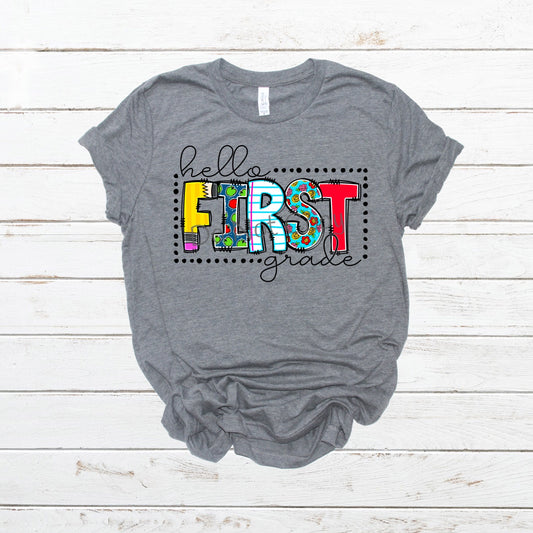 Hello first grade multi colored- DTF