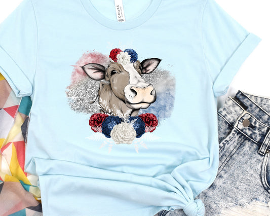 Cow red white blue flowers-DTF