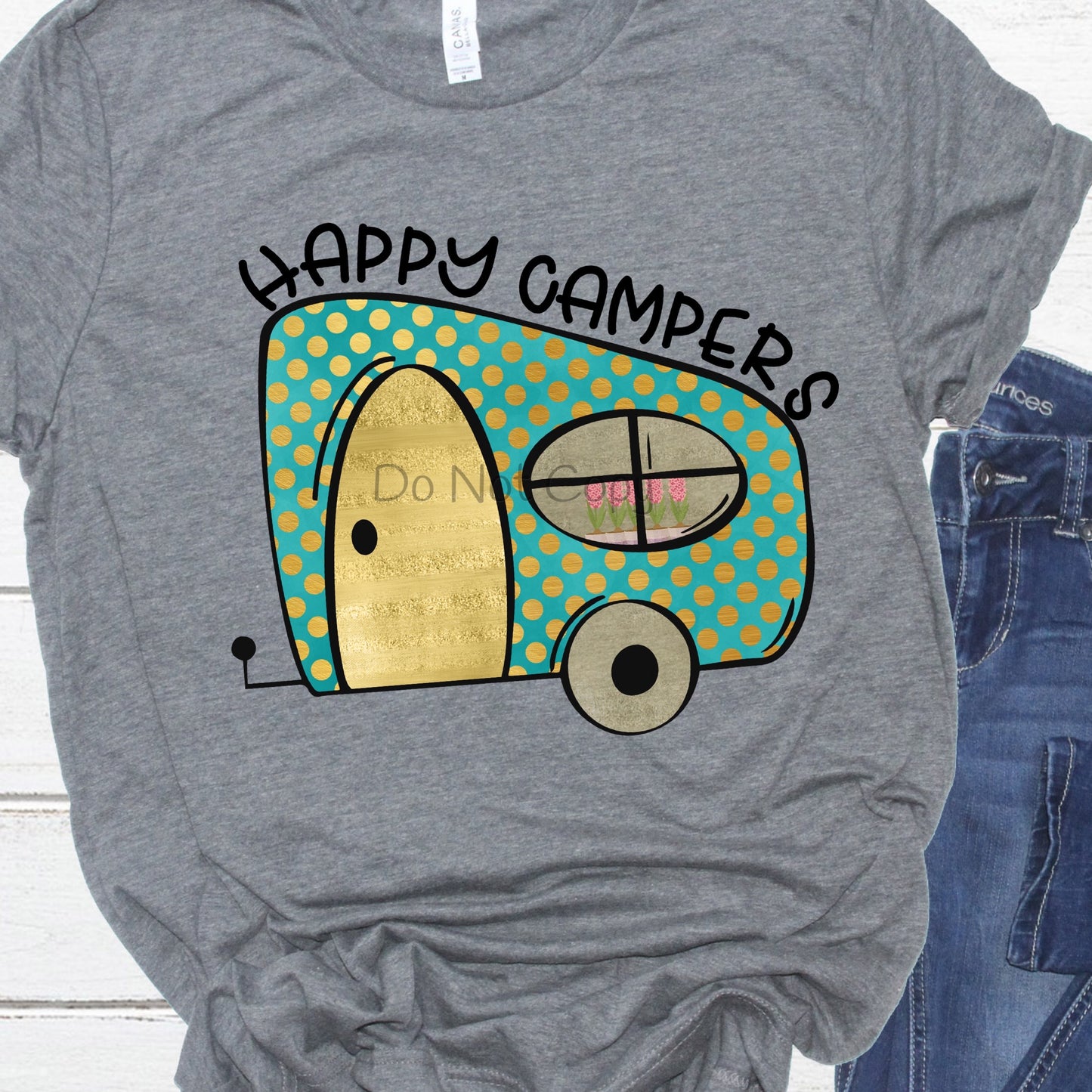 Happy campers green gold dots- DTF