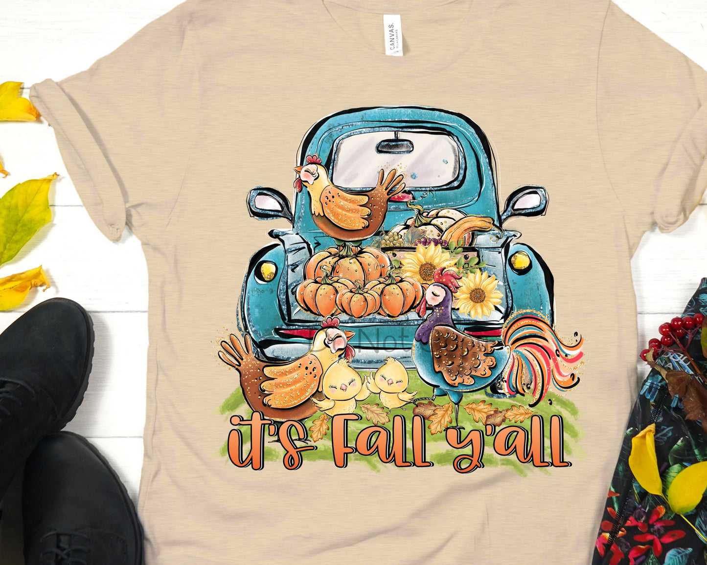 It’s fall y’all blue truck chickens pumpkins-DTF